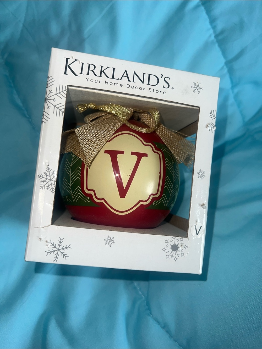 Kirklands Red, Green & Gold Monogram 'V' Holiday Ornament